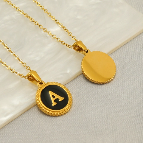 Initial Alphabet Buchstabe Anhänger Halskette 18K Vergoldet 304 Edelstahl Rund Schwarz Emaille Vintage Minimalistisch Schmuck