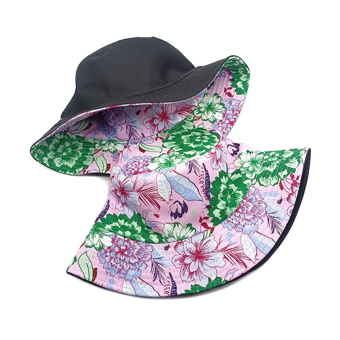 Reversible Bucket Hat Peony Floral Print Polyester Wide Brim Sun Protection Outdoor Beach Hat For Women Men