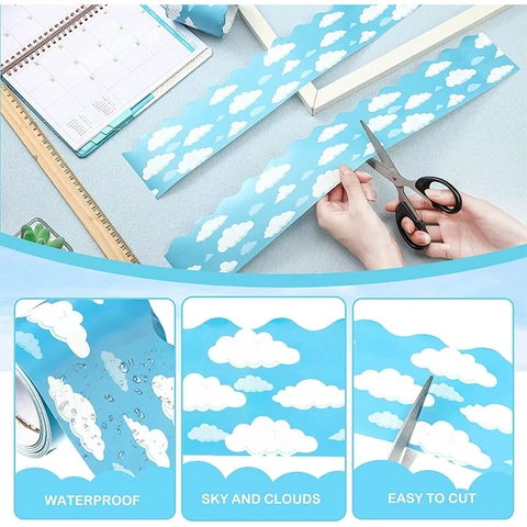 Bulletin Board Border Stickers Blue Sky White Clouds Waterproof Scalloped Edge Decorative Trim For Classroom Office