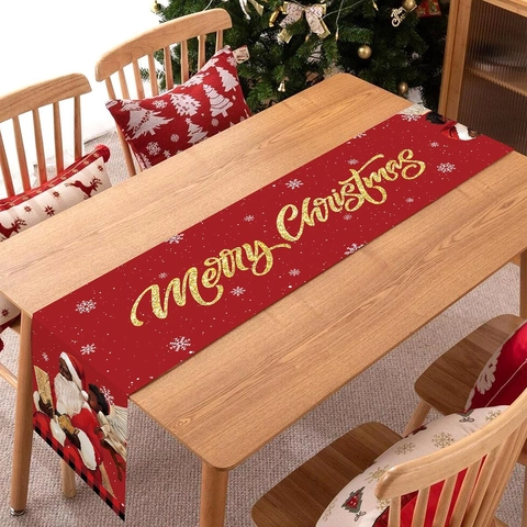 Christmas Table Runner Polyester Santa Claus Angel Gold Letter Merry Christmas Pattern Red Buffalo Plaid Holiday Decor