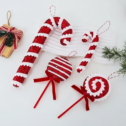 Christmas Candy Cane Lollipop Hanging Ornaments Red White Glitter Foam With Velvet Bow Holiday Tree Decoration