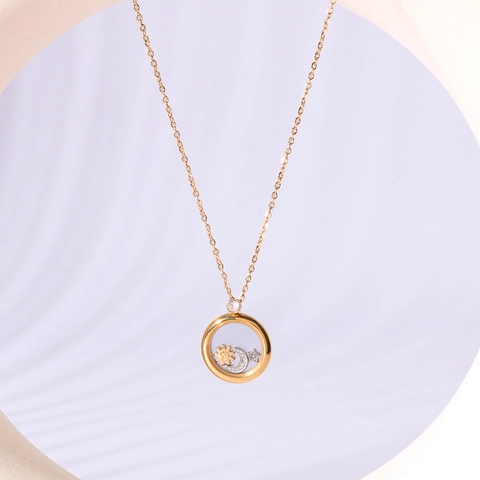 Floating Locket Necklace Stainless Steel 18K Gold Plated Sun Moon Star Charms Round Glass Pendant Women Jewelry Gift