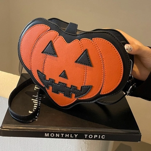 Halloween Pumpkin Crossbody Bag PU Leather Heart Shaped Jack-O-Lantern Face Contrast Color Novelty Shoulder Purse Women