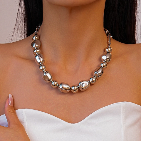 Collana Girocollo Perle Irregolari Asimmetrica Lega ABS Argento Metallico Catena Grossa Per Donne Minimalista
