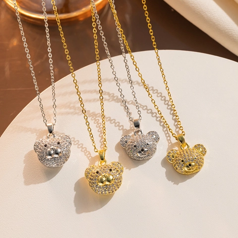 Titanium Steel Teddy Bear Pendant Necklace Cute Pave Rhinestone Animal Choker Gold Silver Color Jewelry For Women Party Daily Wear