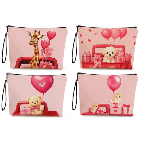 Borsa Da Trucco Portatile In Lino Fine Con Cerniera Stampa Animali Carini San Valentino Custodia Per Donne