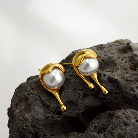 Molten Gold Lava Design Stud Earrings For Women With Artificial Pearl Stainless Steel Earring Post Niche Water Drop Jewelry