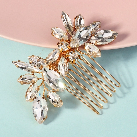 Elegante Peine De Pelo Nupcial Forma De Hoja Diamantes De Imitación Aleación Hecho A Mano Tocado Para Boda Fiesta Baile Tono Dorado