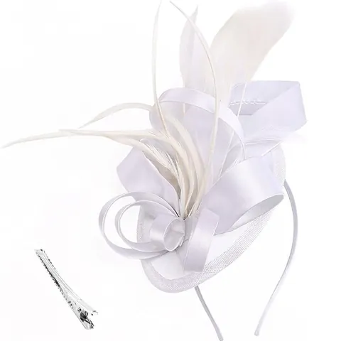Elegant Fascinator Hat Headband For Women Satin Ribbon Feather Retro Wedding Party Cocktail Church Hair Accessories
