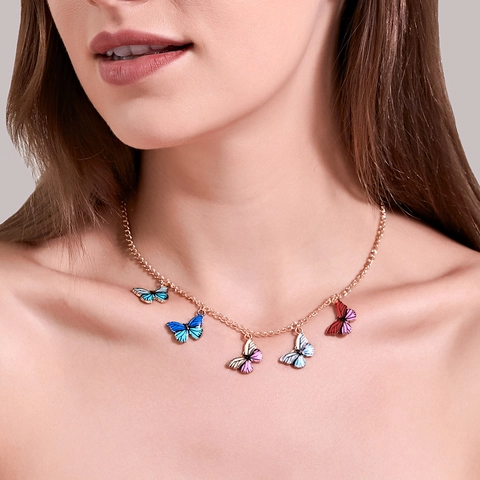 Butterfly Pendant Necklace Alloy Rhinestone Imitation Artificial Pearl Dripping Oil Sweet Vintage Clavicle Chain For Women