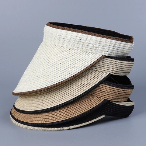 Women Fine Paper Straw Visor Hat Sun Protection Wide Brim Empty Top Minimalist Summer Beach