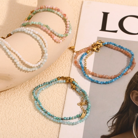 Cavigliera Pietra Naturale Acciaio Inossidabile Placcato Oro 18K Perle Sfaccettate Stile Boho Gioielli Donna
