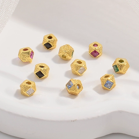 925 Sterling Silver Spacer Beads Gold Plated Inlaid Colorful Zircon Hammered Texture DIY Jewelry Making Hexagon Shape