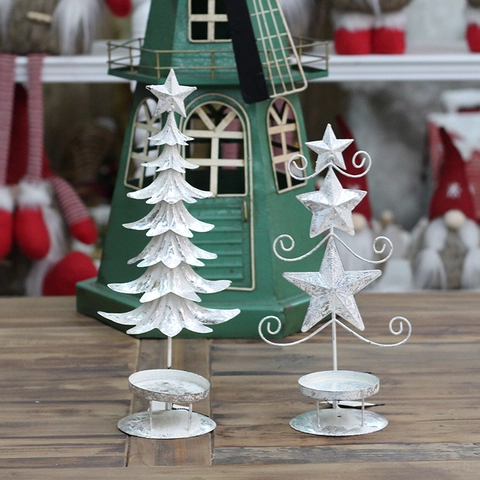 Portacandele Natalizio Metallo Ferro Renna Albero Stella Ornamento Da Tavolo Vintage Bianco Oro Argento