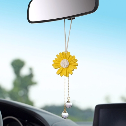 Daisy Flower Car Hanging Pendant Gypsum Decorative Floral Rearview Mirror Ornament With Glass Balls And Metal Chains