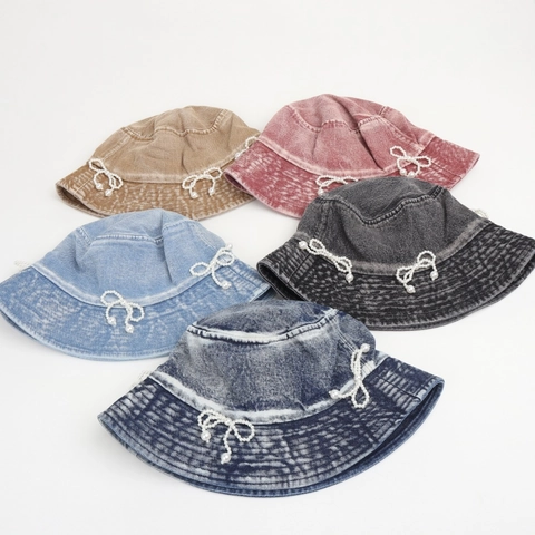 Cappello Alla Pescatora In Denim Lavato Con Fiocco Di Künstliche Perle Sintetiche Retro Cappello Da Sole Per Donna