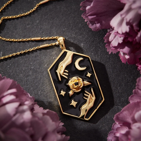 Vintage Hexagon Tarot Karte Anhänger Halskette Kupfer Emaille Rose Hand Stern Mond Motive Retro Schmuck Damen