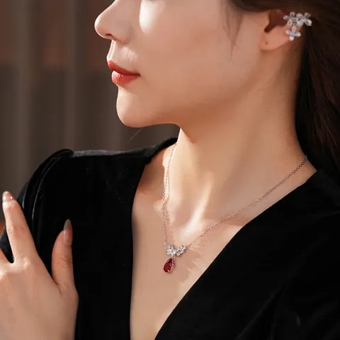 Flower Zircon Necklace With Red Pear Pendant And Ear Cuff Copper Vintage Palace Style Jewelry Accessory For Women