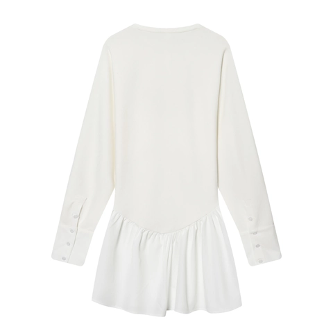 Vestido Corto Mujer Manga Larga Dobladillo Volantes Color Sólido Cuello Henley Patchwork Casual Suelto Elegante Blanco