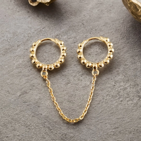 Boucles d'Oreilles Créoles Connecteur Double Piercing en Argent Sterling S925 Avec Chaîne Pièce Unique Or Argent Bijoux