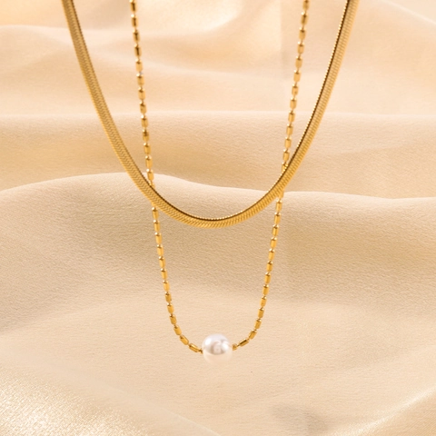 French Style Double Layered Stainless Steel Gold Snake Chain Necklace With Oval Artificial Pearl Pendant For Women Jewelry
