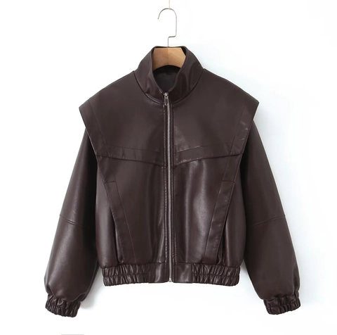 Veste Femme Casual en Cuir PU Col Montant Fermeture Éclair Patchwork Manches Longues Manteau Oversize Streetwear pour Automne Hiver