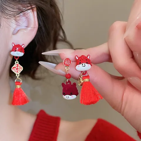 Chinese Style Red Flocked Pony Tassel Earrings Alloy With Silver Earring Post New Year Festive Jewelry For Women