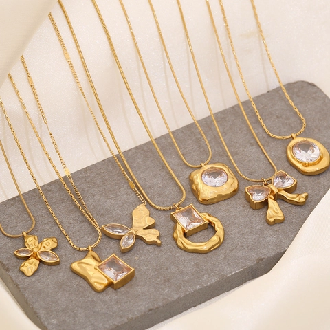 Stainless Steel Necklace Zircon Irregular Geometric Pendant Gold Plated Snake Chain Butterfly Flower Elegant Jewelry Women