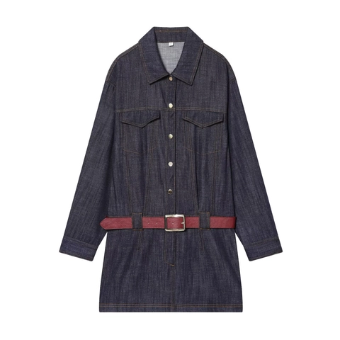 Damen Denim Minikleid Langarm Revers Einreihig Taschen Mit Gürtel Lässig Mode Kunstleder Denim Jeanskleid