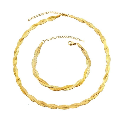 Collar Pulsera De Cadena De Espiga Trenzada De Acero Inoxidable Capas Cadena Plana Geométrica Joyería De Moda Para Mujeres
