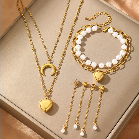 Ensemble de Bijoux en Acier Inoxydable pour Femme Pendentif Lune Coeur Perle Artificielle Collier Bracelet Boucles d'Oreilles à Franges Or Argent