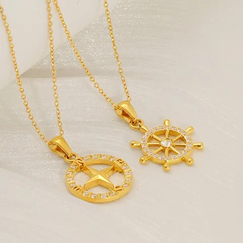 Collana Pendente Bussola Timone Nautico Acciaio Inossidabile Placcato Oro 18K Strass Gioielli Retro Per Donne