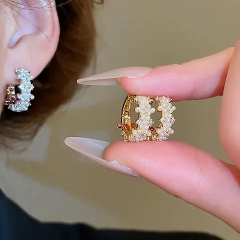 Orecchini A Cerchio Con Künstliche Perle Finte E Zirconi Placcati Oro 14K Perno In Argento 925 Gioielli Eleganti Da Donna