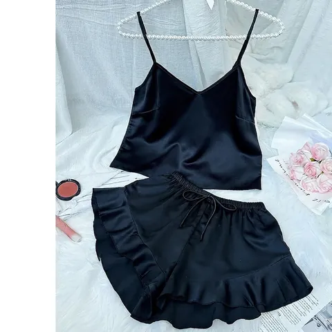 Damen Schlafanzug Camisole Und Shorts Satin Satin V-Ausschnitt Spaghettiträger Rüschensaum Nachtwäsche