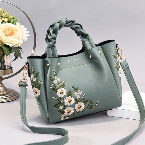 Sac À Main Femme Broderie Florale Cuir PU Poignée Tressée Sac À Bandoulière Élégant Décontracté Quotidien Pour Dames