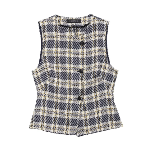 Gilet Sans Manches En Tweed À Carreaux Et Jupe-Culotte Assortie Tenue Femme Style Urbain Élégant Marine Blanc Jaune