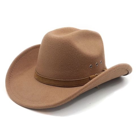 Western Cowboy Hat Woolen Felt Wide Brim Fedora With Decorative Band And Metal Eyelets Vintage Style For Men Women