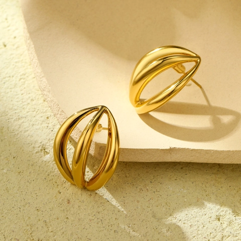 Orecchini in Acciaio Inossidabile Placcato Oro 18K Vintage Francese per Donna Orecchini a Bottone Geometrici Cavi