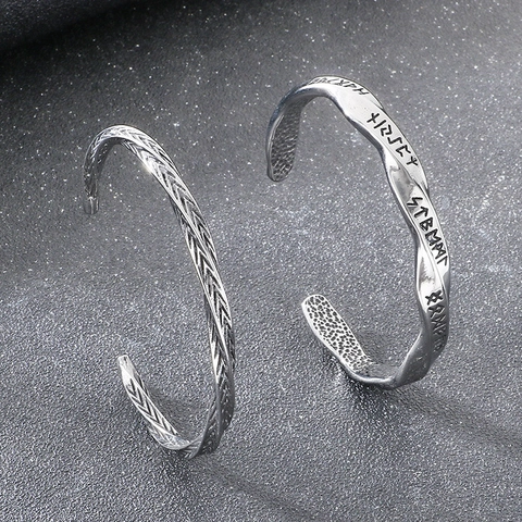 Viking Runes Cuff Bangle Men Vintage Twisted Mobius Titanium Stainless Steel Open Adjustable Retro Punk Gothic Jewelry