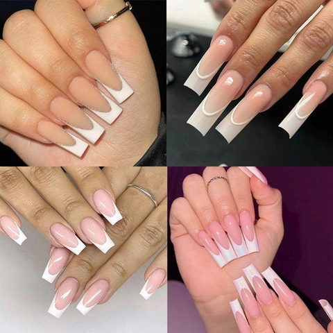 Unghie Finte Stile Francese Lunghe Quadrate Forma Bara Nude Rosa Punte Bianche ABS Unghie A Pressione Per Donne Salone
