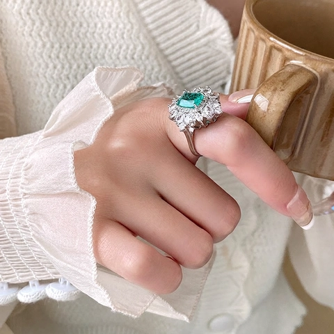 Anillo Abierto Ajustable Cobre Circón Talla Esmeralda Piedra Verde Oso Perla Artificial Geométrico Joyería Lujo Moda Mujeres