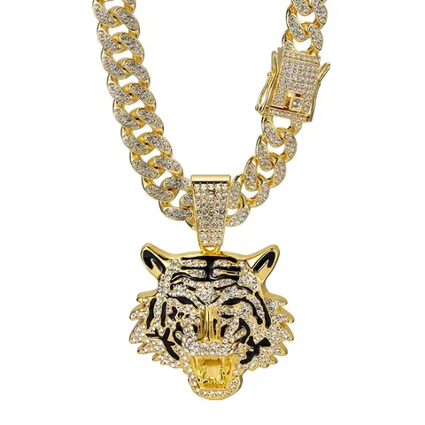 Hip Hop Tiger Head Pendant Necklace Iced Out Rhinestone Enamel Alloy Cuban Link Chain Icy Bling Streetwear For Men