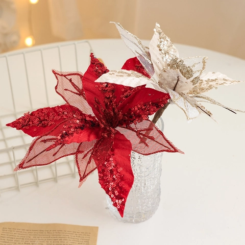 Artificial Christmas Flower Poinsettia Glitter Hollow Mesh Ornament For Christmas Tree Wreath Party Decoration