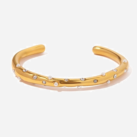 Edelstahl Offener Armreif Vergoldet Geschmolzene Textur Mit Künstliche Perle Zirkonia High End Elegant Damen