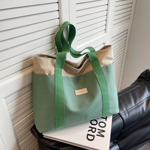 Women Canvas Tote Bag Large Capacity Patchwork Color Block Casual School Shoulder Handbag Korean Style Zipper Pocket