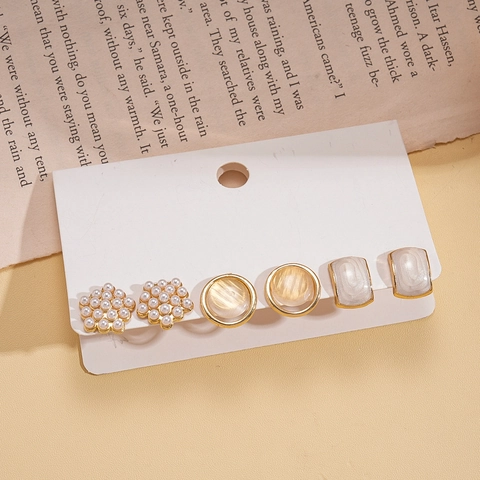 Pendientes De Botón De Aleación Imitación Perla Artificial Y Piedra Ojo De Gato Con Poste De Plata Elegantes Geométricos Mujer