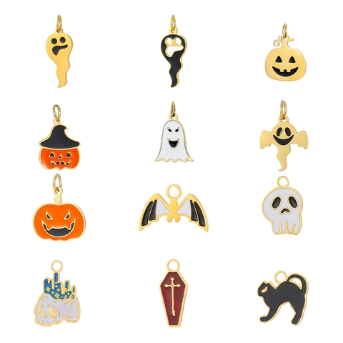 Halloween Charms Pendants Stainless Steel Enamel Pumpkin Ghost Bat Skull DIY Jewelry Making Accessories Necklaces Bracelets
