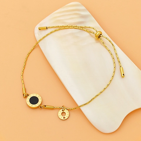 Bracciale da Donna Minimalista in Acciaio Inossidabile con Numeri Romani Placcato Oro Pendente Rotondo Nero Coulisse Regolabile
