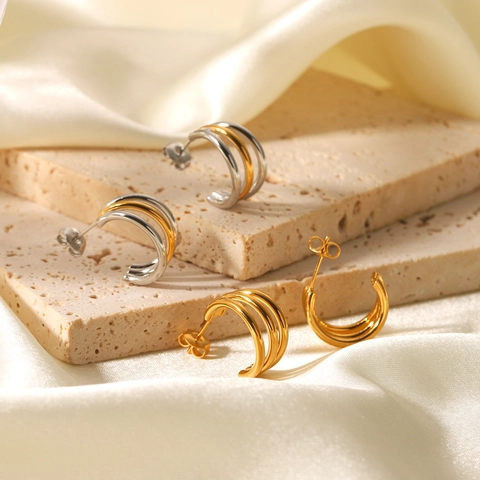 Three Layer Line Hoop Earrings Stainless Steel 18K Gold Plated Geometric C Shaped Non Fading Waterproof Jewelry For Women