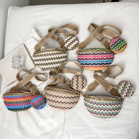 Bohemian Geweven Heuptas Borsttas Voor Dames Zigzag Golfpatroon Met Ronde Munttas Verstelbare Brede Schouderriem